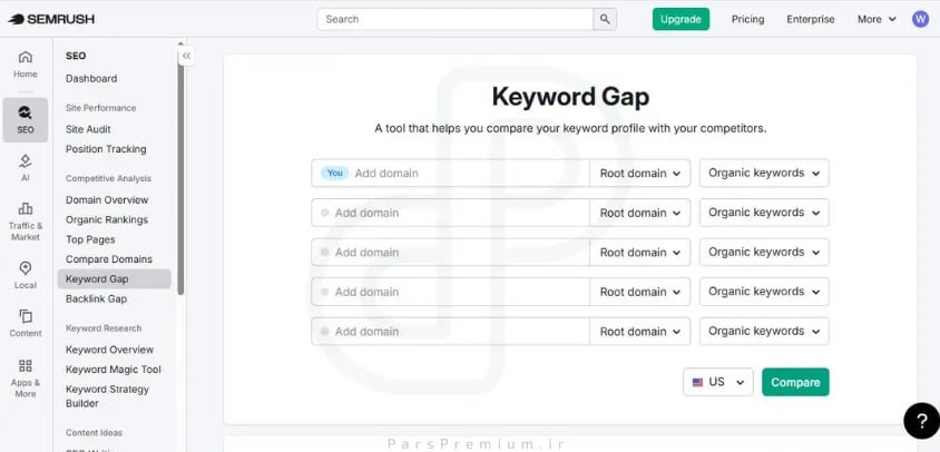 آموزش Keyword Gap در سمراش - صفحه ورود به ابزار
